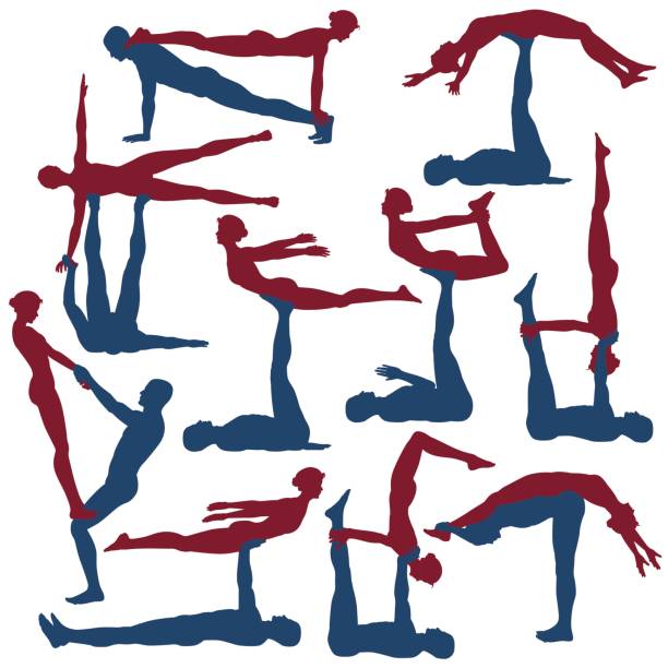 Acroyoga poses Set of editable vector silhouettes of man and woman in various acroyoga positions acroyoga stock illustrations