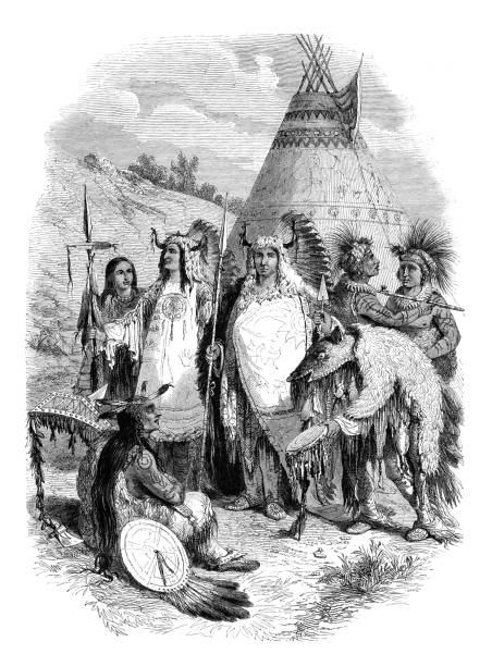 ilustraciones, imágenes clip art, dibujos animados e iconos de stock de tribu de sioux americanos nativos bailando chamanismo - chief sitting bull