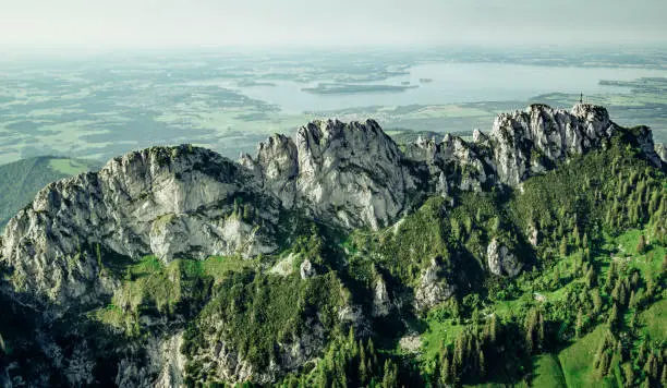 aerial view of kmapenwand mountain with view to lake Chiemsee in bavaria, Germany