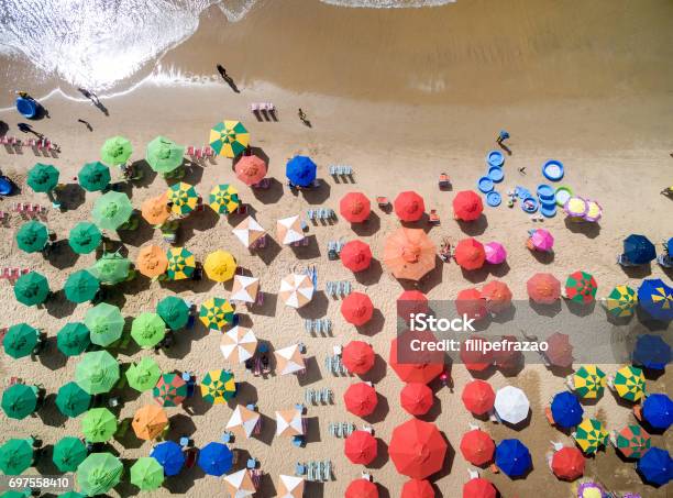 Colorful Umbrellas In The Beach Brazil Stock Photo - Download Image Now - Beach, Crowded, Aerial View