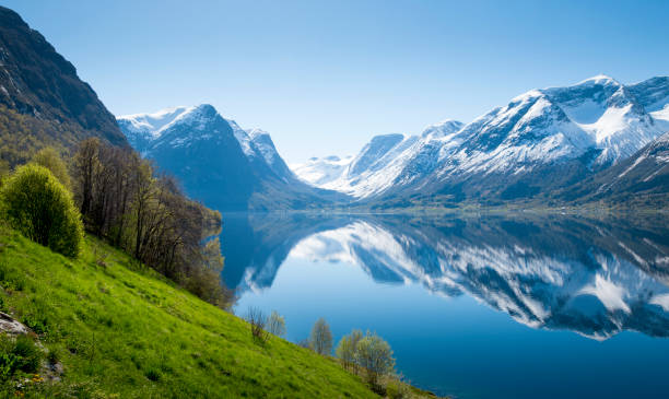 panorama del fiordo en noruega - mountain mountain range norway fjord fotografías e imágenes de stock