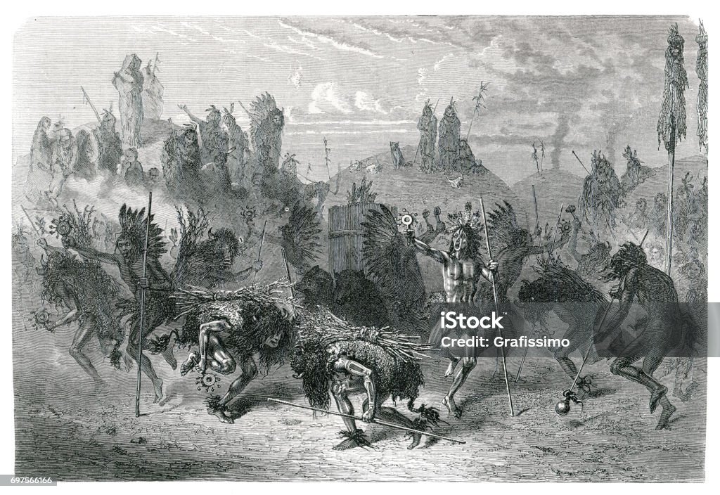 Native american Sioux tribe dancing the buffalo dance Steel engraving of Native american dancing the buffalo dance Indigenous Peoples of the Americas stock illustration