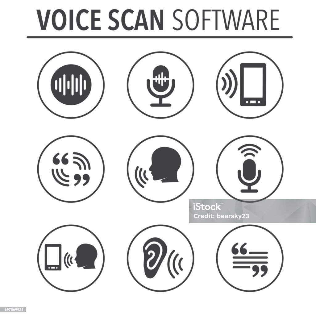 Voiceover or Voice Command Icon with Sound Wave Images Voiceover or Voice Command Icon with Sound Wave Images Set - solid Speech Recognition stock vector