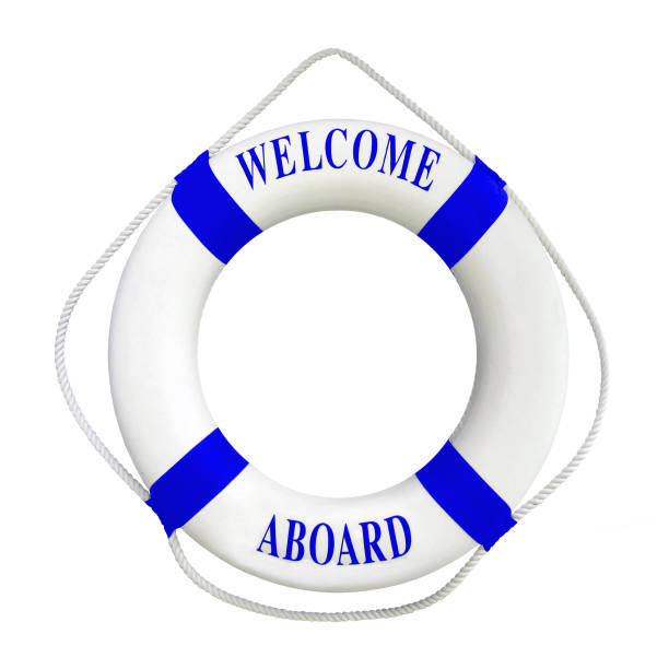 istock White color Life buoyancy with blue stripes and text welcome aboard on it.Isolated on white background with clipping path work. 697571566