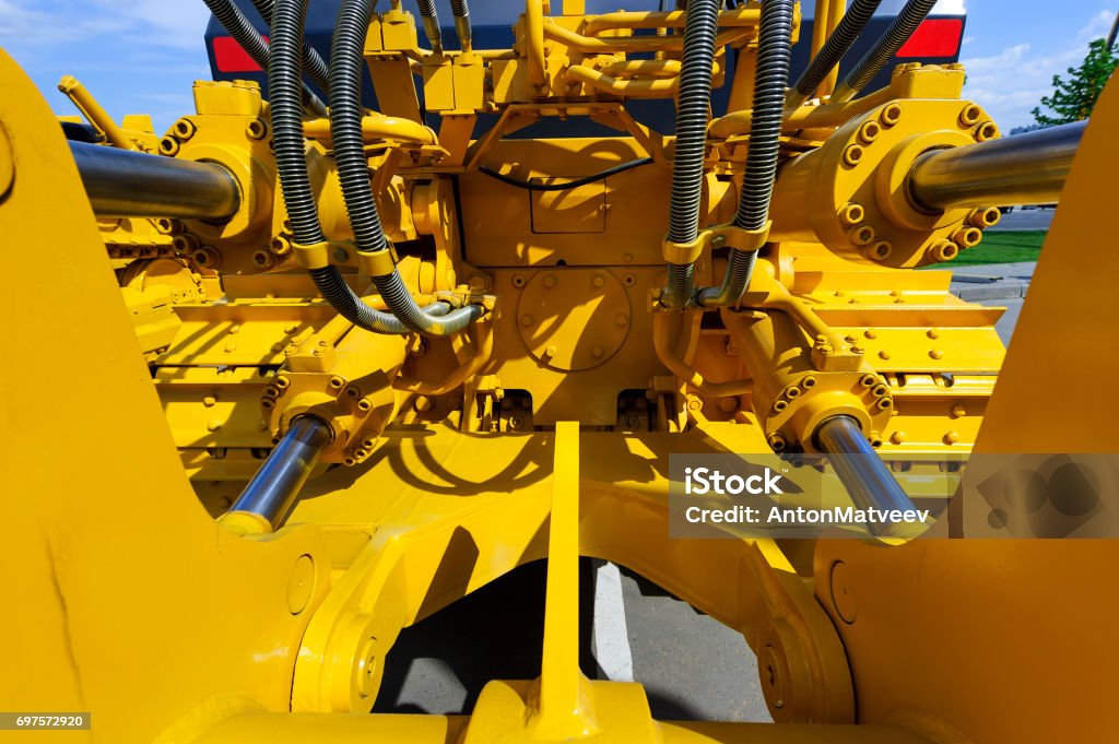 Hydraulic piston system Piston system with hydraulics for bulldozers, tractors, excavators and other construction machines, heavy industry, detail Hydraulics Stock Photo