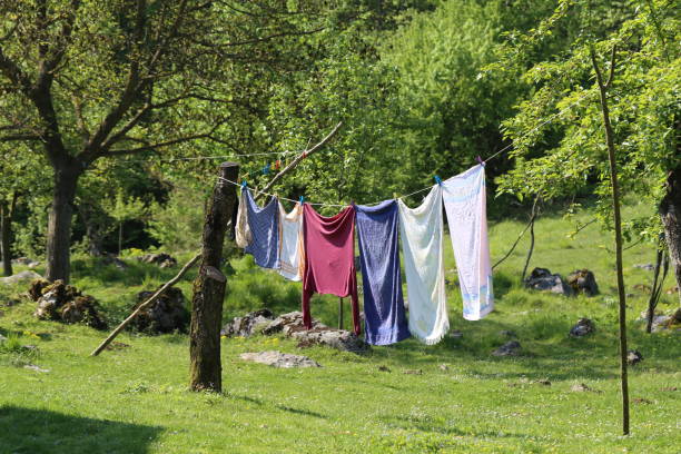 istock Washing clothes washed on a rope 697573564