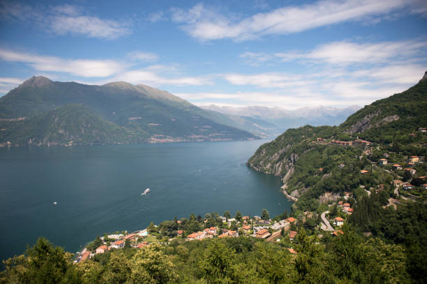 Panorama of Varenna at Lake Como with mountains in Italy