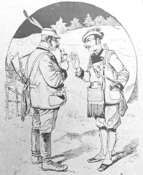 Outdoor in the forest at night: two hunters standing opposite and having a conversation