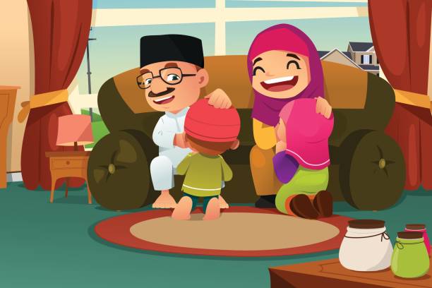 Muslim Family Celebrating Eid Al Fitr A vector illustration of Muslim Family Celebrating Eid Al Fitr hari raya family stock illustrations