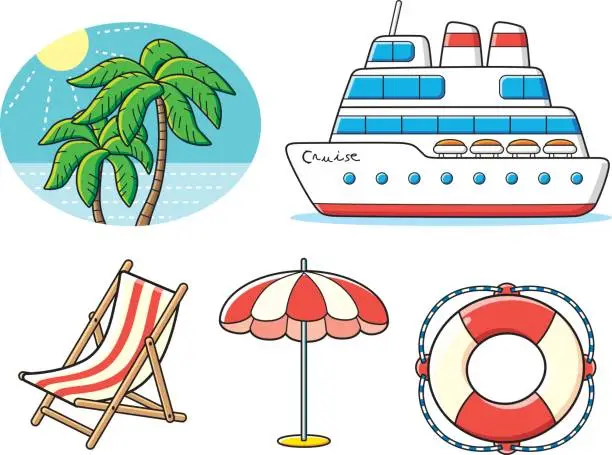 Vector illustration of Cruise ship, lifebuoy, deck chair, beach striped umbrella, palm trees and sea, vacation resort icons set.