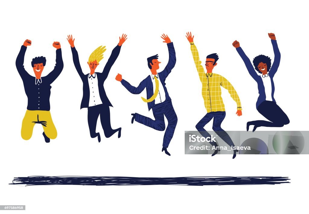 group of business people Happy creative  group of business people jumping. The concept of  business success, friendship. Illustration of successful team. Vector creative illustration on white background. Jumping stock vector