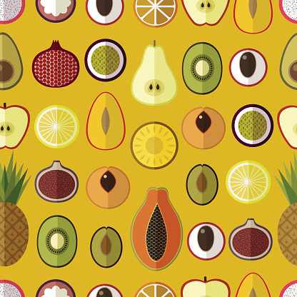 Vector seamless Pattern with Fresh Fruits on yellow background. Made in Flat style. Avocado, Apple, Pear, Pineapple, Kiwi, Fig, Pomegranate, Plum, Passion Fruit,  Lemon, Papaya, Orange, Mango. Vector Template for Smoothie Bars, Organic Farm Labels.