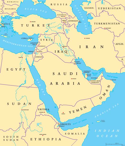 Middle East political map Middle East political map with capitals and national borders. Transcontinental region centered on Western Asia and Egypt. Also Middle-Eastern, Near or Far East. Illustration. English labeling. Vector. arabian peninsula stock illustrations