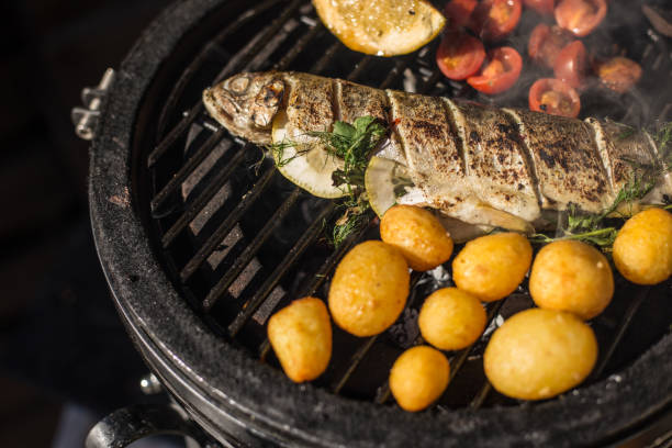 토마토, 감자, 레몬 뜨거운 불타는 요리와 맛 있는 무지개 송어 생선 그릴. 바베 큐입니다. 레스토랑 - trout prepared fish whole grilled 뉴스 사진 이미지