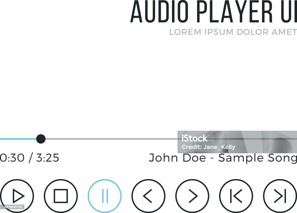 Audio player UI. Media player interface, black and blue gui elements. Thin line design. Minimalistic clean theme. Vector illustration Audio player UI. Media player interface, black and blue gui elements isolated on white background. Thin line design. Minimalistic clean theme. Vector illustration Playing stock vector