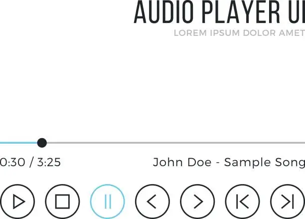 Vector illustration of Audio player UI. Media player interface, black and blue gui elements. Thin line design. Minimalistic clean theme. Vector illustration