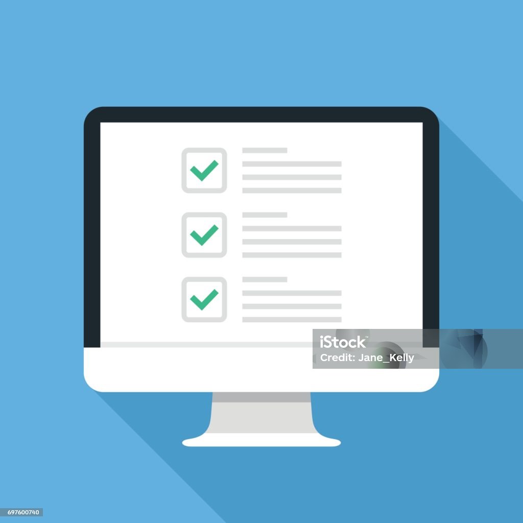 Checkboxes on computer screen. Checkboxes and green checkmarks. Survey, feedback, complete tasks, to-do list concepts. Modern concept for web banners, web sites, infographics. Creative flat design vector illustration Checkboxes on computer screen. Checkboxes and green checkmarks. Modern concept for web banners, web sites, infographics. Creative flat design vector illustration isolated on blue background Computer stock vector