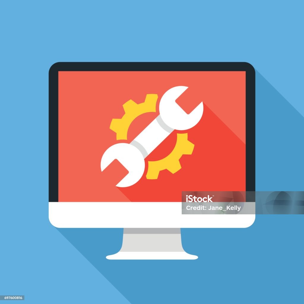 Computer with cog and wrench. Repair icon. Maintenance, repair service, settings, fixing concepts. Flat design vector illustration Repairing stock vector