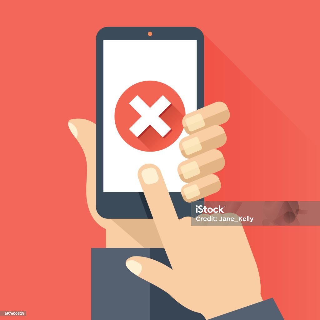 Hand holding smartphone with round red x mark icon on smartphone screen. Modern flat design vector illustration Hand holding smartphone with round red x mark icon on smartphone screen. Modern flat design graphic elements for web banners, web sites, infographics. Long shadow design. Creative vector illustration Mobile App stock vector