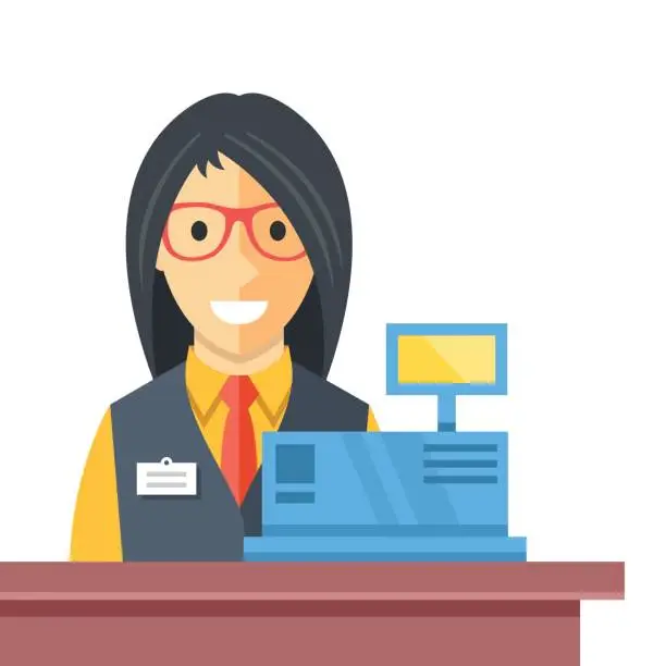 Vector illustration of Cashier woman at checkout counter. Counter desk, cash register, till and smiling happy female clerk. Creative checkout concept. Modern flat design vector illustration