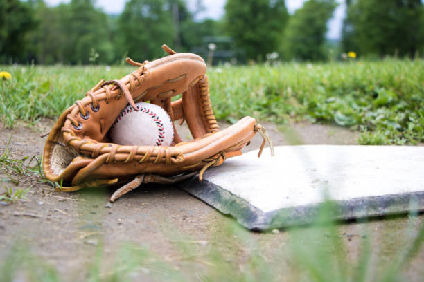 istock Glove and Baseball on Home Plate 697604138