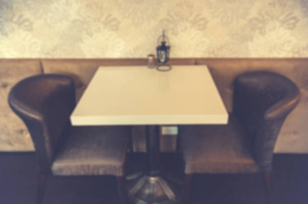 istock Blurred image of a table and two chairs in a cafe. 697611022