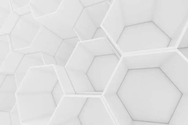 White empty geometric hexagonal honeycomb abstract background. 3D rendering