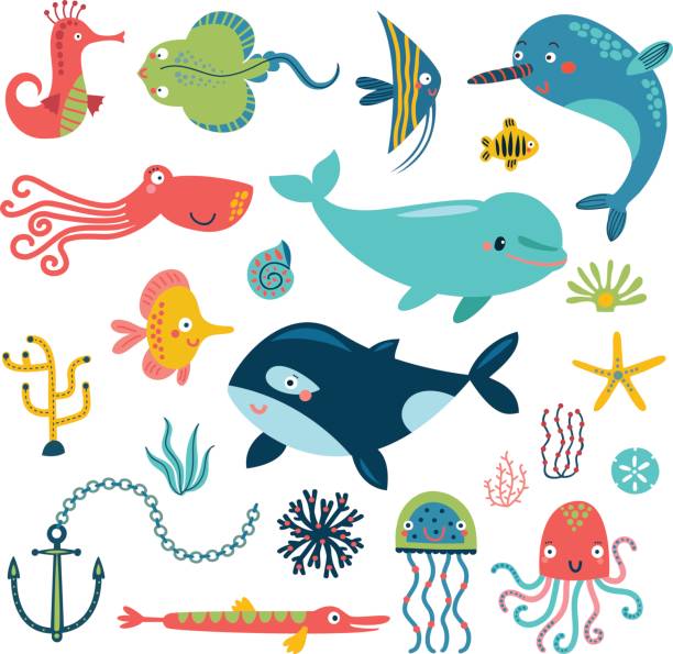 ilustraciones, imágenes clip art, dibujos animados e iconos de stock de mar conjunto de vectores - dolphin animal sea underwater