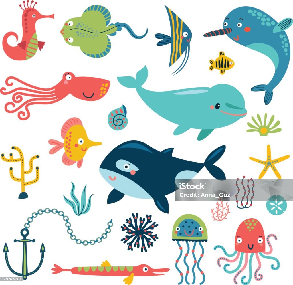 Sea vector set Sea vector set characters collection Animal stock vector