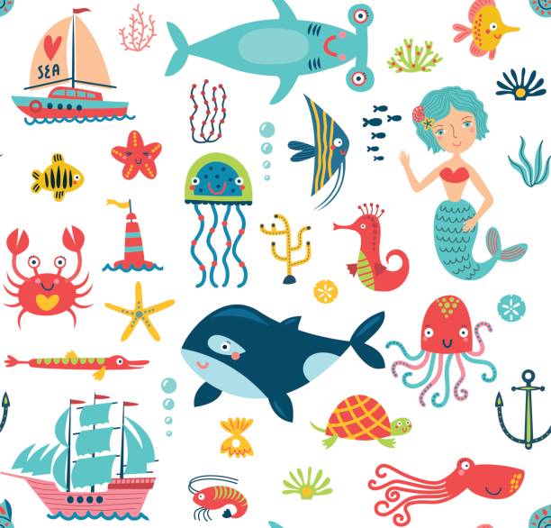 海のベクトルシームレスなパターン - turtle backgrounds humor vector点のイラスト素材／クリップアート素材／マンガ素材／アイコン素材
