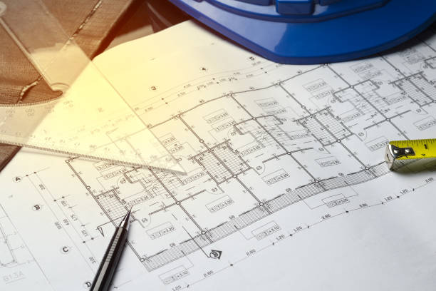 エンジニア リング図青写真紙製図プロジェクト スケッチ建築 - drafting men office sketching ストックフォトと画像