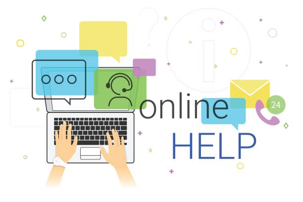 Online help and online support on laptop creative concept vector illustration Online help and online support on laptop creative concept vector illustration. Human hands typing on laptop keyboard for chatbot assistance and emergency 24 support. Creative costumer helpdesk banner 999 call center stock illustrations