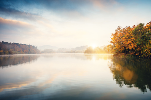 Jetty in the fog. Mystical foggy landscape at the lake. Morning fog in autumn.