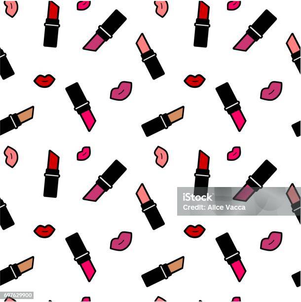 Cute Colorful Cartoon Lipstick Seamless Vector Pattern Background Illustration Stock Illustration - Download Image Now