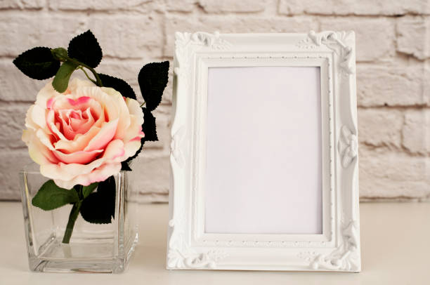 istock Frame Mockup. White Frame Mock Up, Digital MockUp, Display Mockup, Styled Stock Photography Mockup, Colorful Desktop Mock Up. Floral, vase, flower rose 697630406