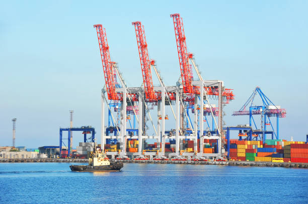 istock Tugboat and port cargo crane 697630986