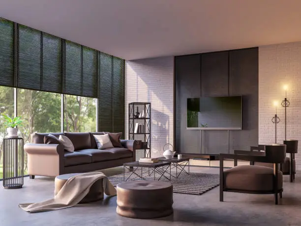 Modern loft living room with nature view 3d rendering image Furnished with dark brown leather and black steel furniture has white brick walls and large windows look out to nature.