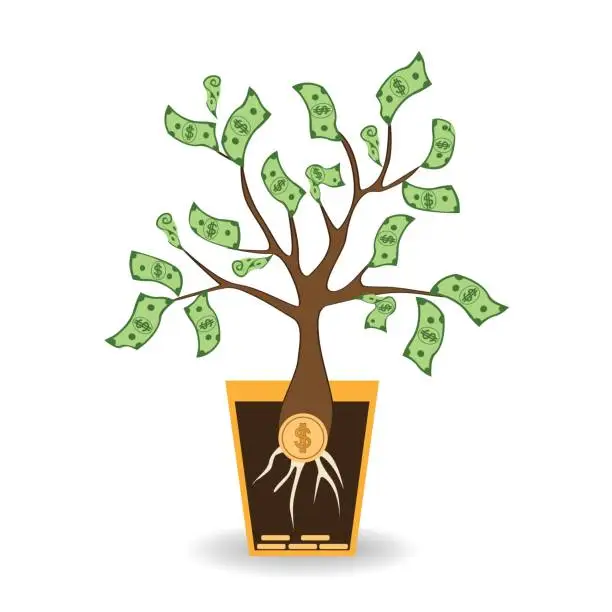 Vector illustration of Money tree growing from a coin root. Green cash banknotes tree in ceramic pot. Modern flat style concept vector illustration