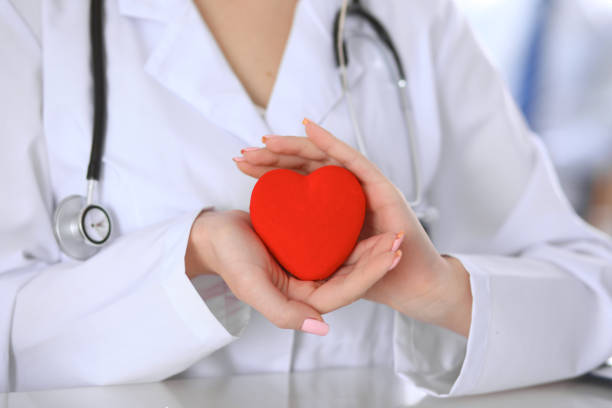 istock Female doctor with stethoscope holding heart. 697640396