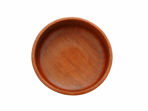istock Close up top view of wood empty bowl (wooden bowl), isolated on white background 697641530