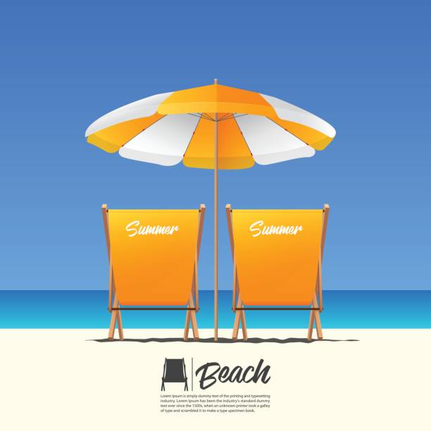 ilustrações de stock, clip art, desenhos animados e ícones de two orange summer beach chair in back view and orange beach umbrella. blue gradient sky background. - beach umbrella