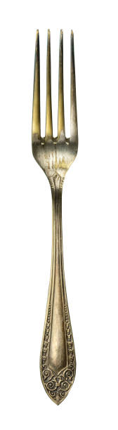 istock Overhead photo of vintage fork, isolated on white 697650822