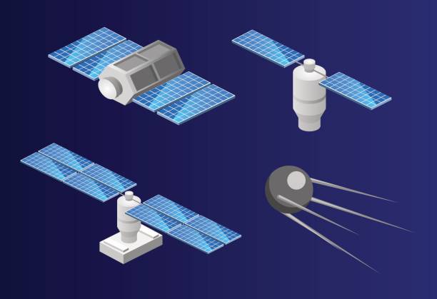 Isometric flat 3D isolated space GPS satellite. Wireless satellite technology. Isometric flat 3D isolated concept space GPS satellite. Wireless satellite technology. World global net. satellite phone stock illustrations
