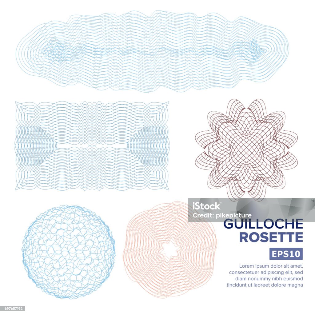 Guilloche Rosette Set Vector. Decorative Abstract Rosette Elements For Diploma, Certificate, Money Or Passport. Guilloche Background Rosette. Vector Illustration Guilloche Rosette Vector. Decorative Rosette Elements For Diploma Or Passport. Guilloche Background Passport stock vector