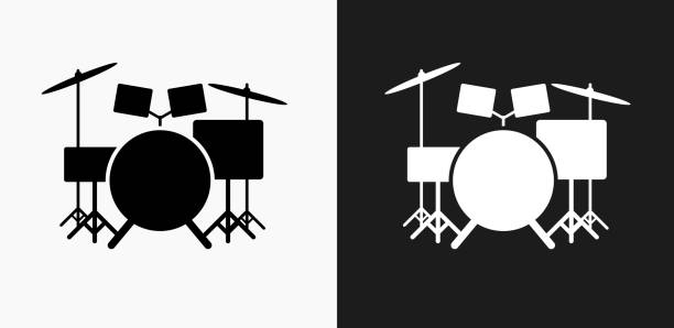 ilustraciones, imágenes clip art, dibujos animados e iconos de stock de batería instrumento icono en blanco y negro vector fondos - baterias musicales