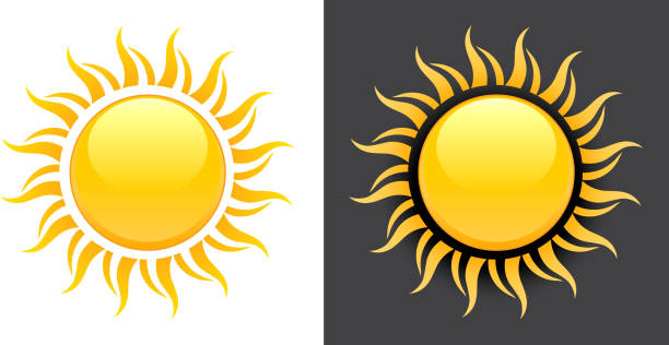 Yellow Summer Sun Vector Icon on black and white background. Yellow Summer Sun Vector Icon on black and white background. This image has a large vector sun icon on the left with an alternate design on the right on dark background. Each design element can be used independently. The colors are yellow, white and black. This image is ideal for your summer sun illustrations. hot sun stock illustrations
