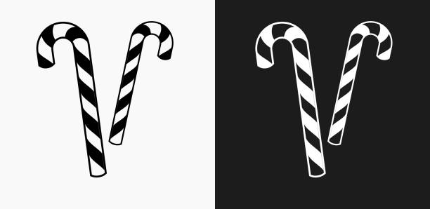 illustrazioni stock, clip art, cartoni animati e icone di tendenza di icona di candy canes su sfondi vettoriali in bianco e nero - bastoncino di zucchero