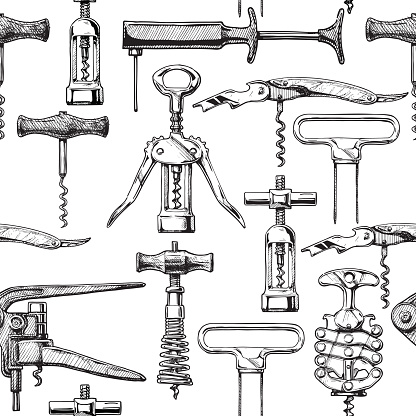 Seamless pattern with different corkscrews. Vector illustration in vintage engraved style.