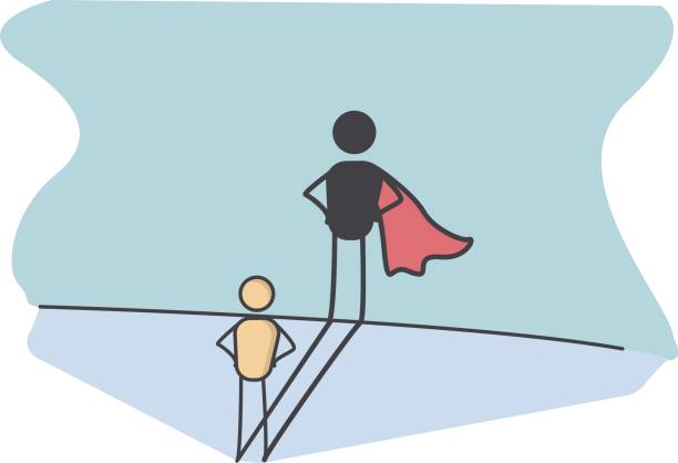 illustrations, cliparts, dessins animés et icônes de caractère avec une ombre de super-héros qui représente le succès dans la vie, de preserverance, de courage, de promotion au travail. - modèle social