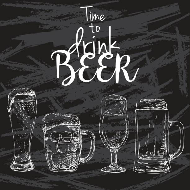 istock Background with beer. Drawing chalk on a blackboard. Caption: time to drink beer. Place on your text. Vector illustration of a sketch style. 697667554